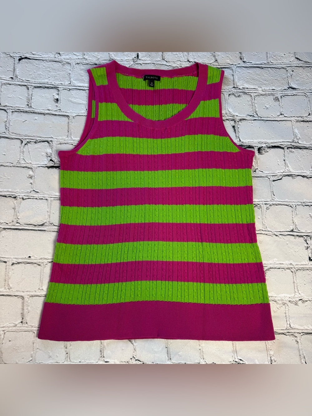 Talbots 100% Cotton Bright Pink Green Striped Ribbed Cable Knit Tank Top Size M